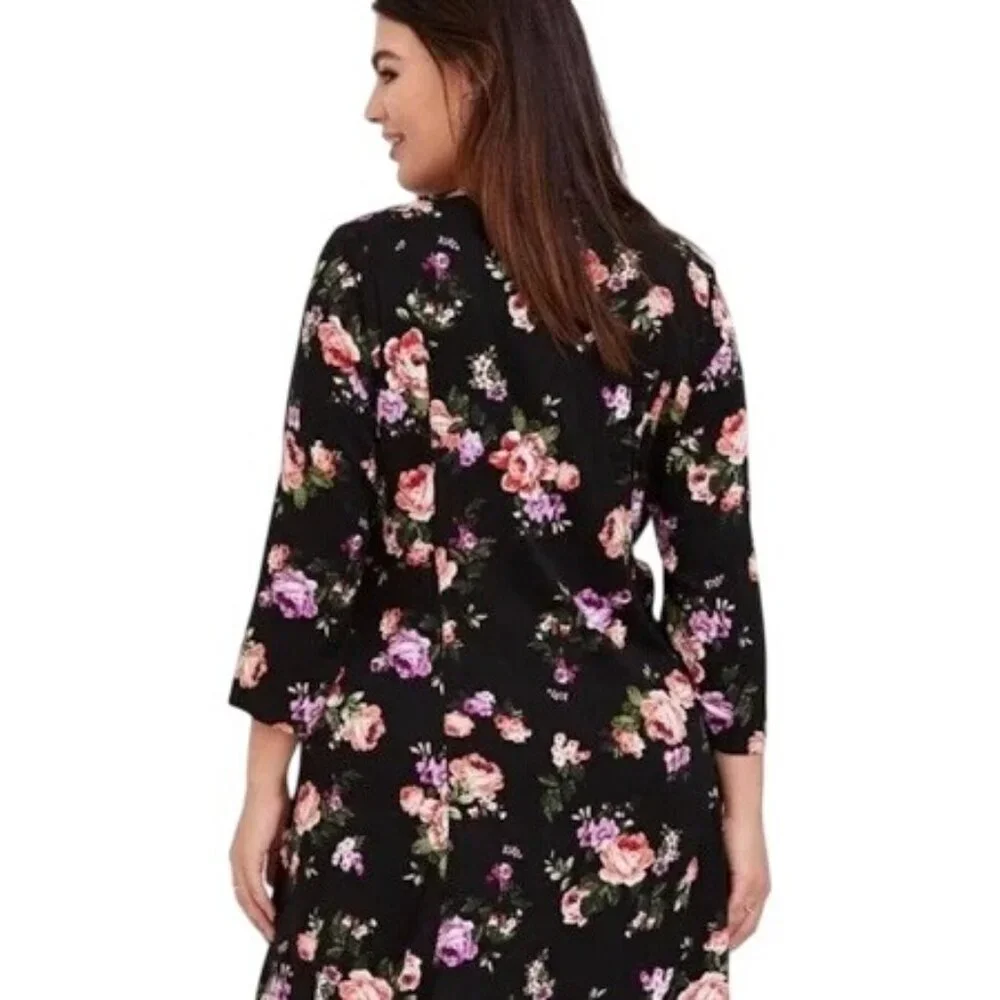 Torrid Black Floral Challis Button Down Trapeze Midi Dress - Picture 3 of 15